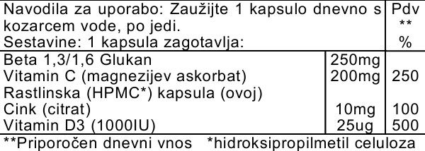Beta Glukan z vitaminoma C, D in cinkom (30 kapsul)