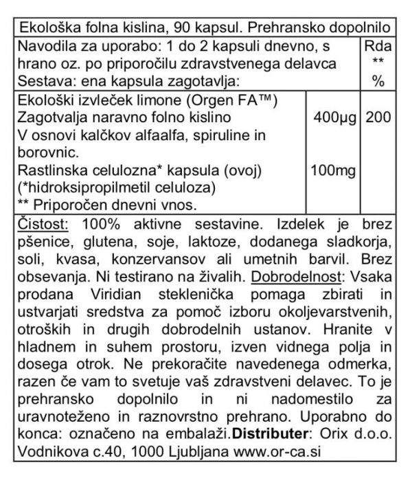 Ekološka folna kislina (90 kapsul)