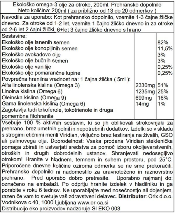 Ekološko omega-3 olje za otroke, 200ml